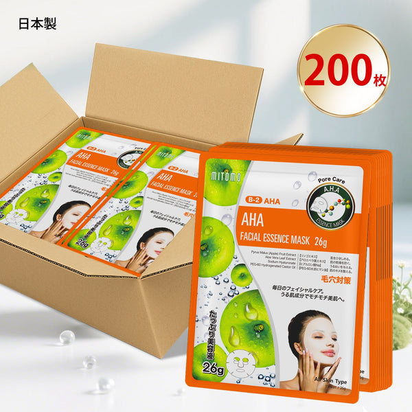 MITOMO <日本製> ナチュラルAHAポアケアフェイシャルエッセンスマスク/200枚- 自然のAHAパワーで毛穴ケア!100枚/肌をしっかり保湿し、健康な毛穴を実現!【MTSS00516-B-2x020】
