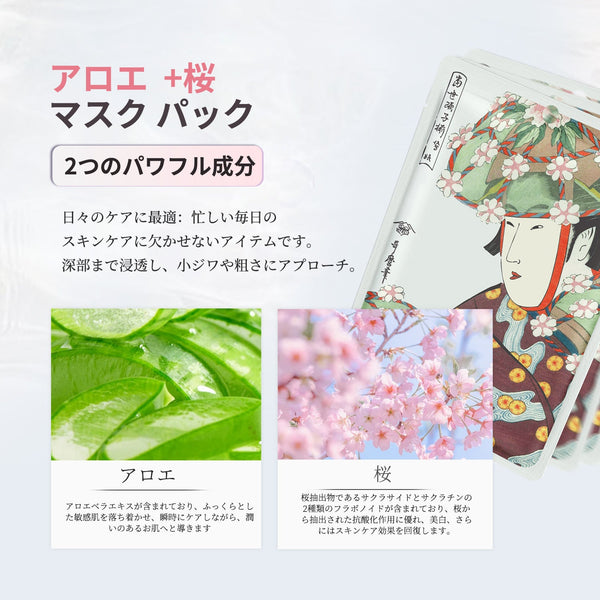 MITOMO <日本製> ミトモ 浮世絵604 Aloe + Sakura/ アロエ+サクラ /アロエ+桜エッセンスマスク カブキ ツヤ ハリ フェイスマスク エステ/20枚【JPSS00604-A-2x002】