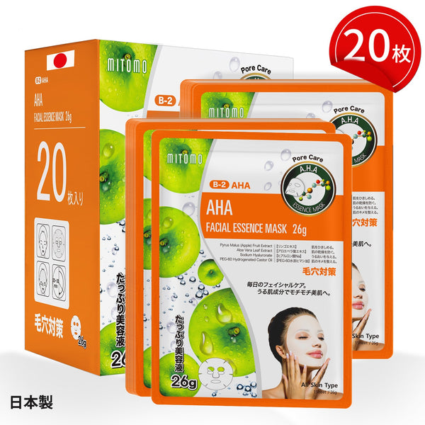 MITOMO <日本製>ナチュラルAHAポアケアフェイシャルエッセンスマスク/20枚- 自然のAHAパワーで毛穴ケア!肌をしっかり保湿し、健康な毛穴を実現!【MTSS00516-B-2x002】