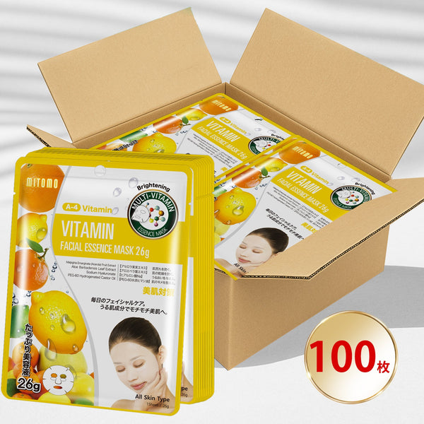 MITOMO ナチュラルビタミンブライトニングフェイシャルエッセンスマスク/100枚- 肌を明るく輝かせる天然ビタミンで美しい肌へ！【MTSS00512-A-4Jx010】