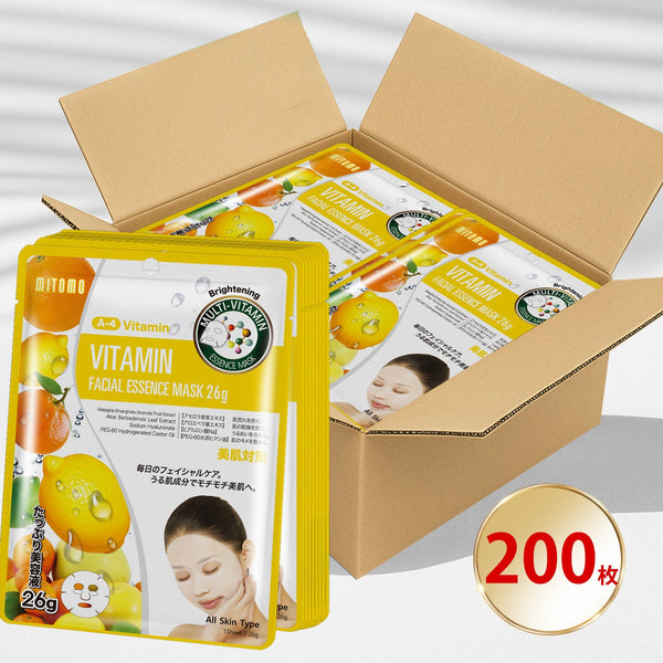 MITOMO ナチュラルビタミンブライトニングフェイシャルエッセンスマスク/200枚- 肌を明るく輝かせる天然ビタミンで美しい肌へ！/ミトモパック/【MTSS00512-A-4Jx020】