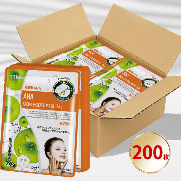 MITOMO 　ナチュラルAHAポアケアフェイシャルエッセンスマスク200枚- 自然のAHAパワーで毛穴ケア！肌をしっかり保湿し、健康な毛穴を実現！/ミトモパック/【MTSS00512-B-2Jx020】