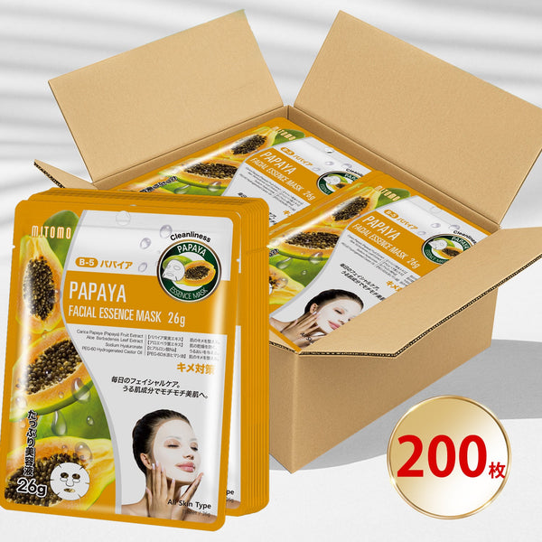 MITOMO ナチュラルパパイヤ清潔感フェイシャルエッセンスマスク- パパイヤの清潔感で美しい肌に！200枚/天然パパイヤを贅沢に使用したフェイシャルエッセンスマスク/ミトモパック/【MTSS00512-B-5Jx020】