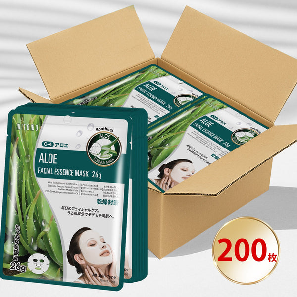 MITOMO ナチュラルアロエモイスチャライジングフェイシャルエッセンスマスク/200枚- 自然アロエで肌を潤す！毎日のスキンケアで健康的な美肌を手に入れよう！/ミトモパック/【MTSS00512-C-4Jx020】