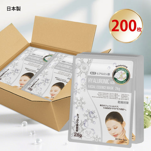 MITOMO <日本製>ナチュラルヒアルロン酸保湿フェイシャルエッセンスマスク/200枚- 毎日のスキンケアに取り入れて、柔らかな肌を手に入れよう！100枚/ヒアルロン酸の恵みで肌を潤いで満たそう。【MTSS00516-A-1x020】